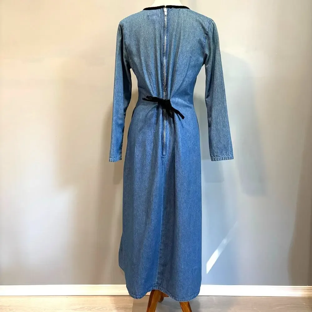 VTG Blue Denim Maxi Dress Long Sleeve Pleated Modest Farm Tradwife, Size 8 - Picture 6 of 7